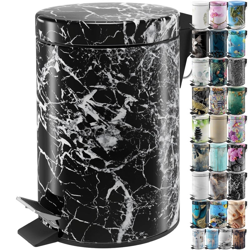 Sanilo Small Bathroom Trash Can with Lid [1.3 Gallon] - Lidded Tiny Trashcan for Garbage - Mini Metal Bin with Soft Closing Mechanism - Bath Room Accessoire Wastebin with Inner Bucket (Marble Black) - Image 1